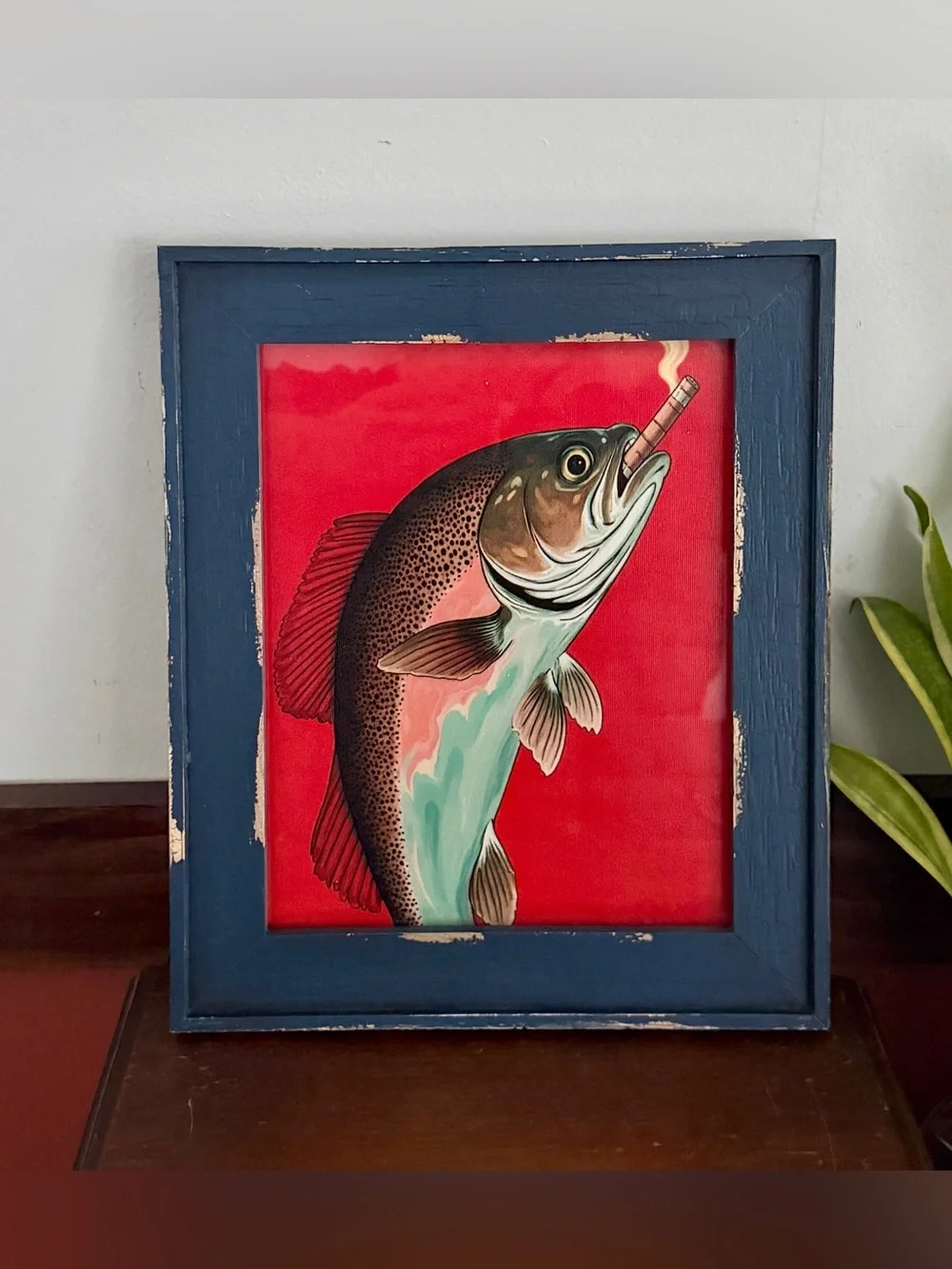 Trout Fish Smoking a Cigarette Cigar Vintage Style Canvas Wall Art Print Framed